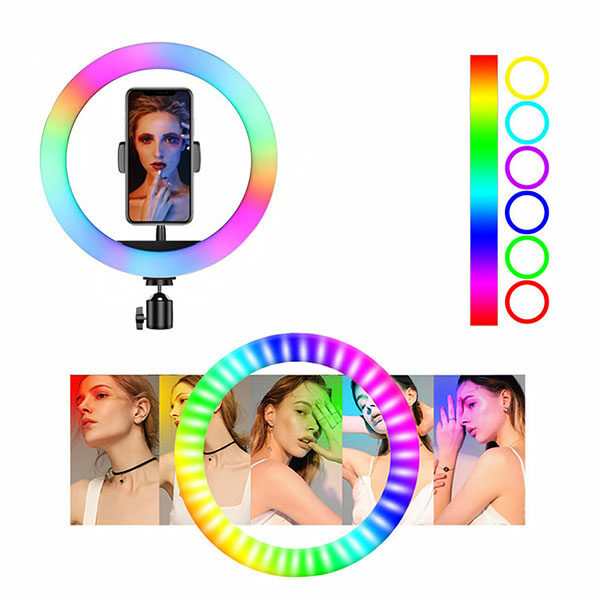 רינג לייט צבעוני 33 ס”מ RGB עוצמתי ומתכוונן עם חצובה עד 2 מטר
