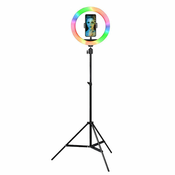 רינג לייט צבעוני 26 ס”מ RGB עוצמתי ומתכוונן עם חצובה עד 2 מטר