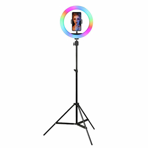רינג לייט צבעוני 33 ס”מ RGB עוצמתי ומתכוונן עם חצובה עד 2 מטר