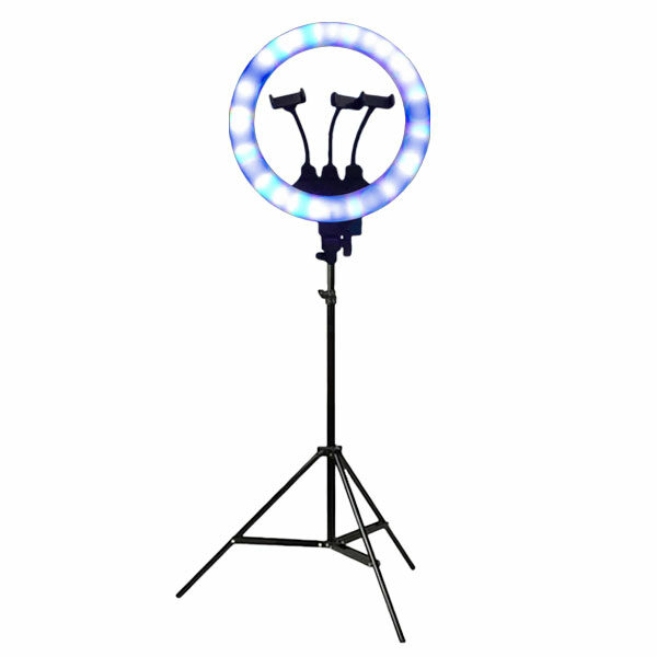 רינג לייט צבעוני 45 ס”מ RGB מקצועי ומתכוונן עם שלט וחצובה עד 2 מטר